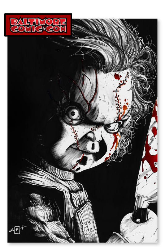 2025 BALTIMORE COMIC-CON CHUCKY B/W EMBOSSED FOIL JONATHAN URIBE - LTD 100